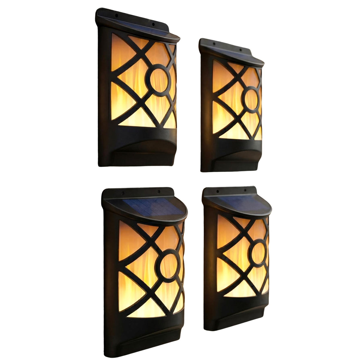Three black metal wall sconces featuring cut-out glass panels with glowing simulated flame light.
