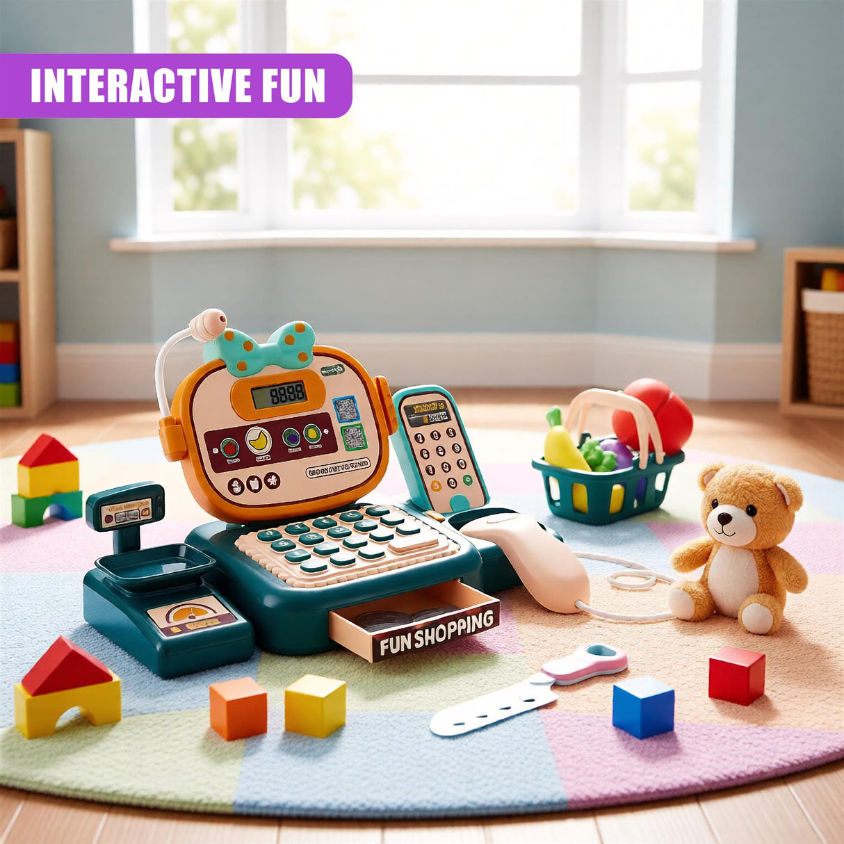 A toy shopping experience for kids, featuring a play cash register, play phone, play credit card reader, and play money, all designed for interactive fun and learning. - UKBuyZone