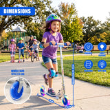 Blue kids scooter displayed with dimensions. It adjusts from 65 to 87 centimeters in height.