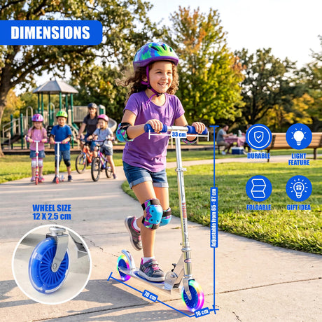 Blue kids scooter displayed with dimensions. It adjusts from 65 to 87 centimeters in height.
