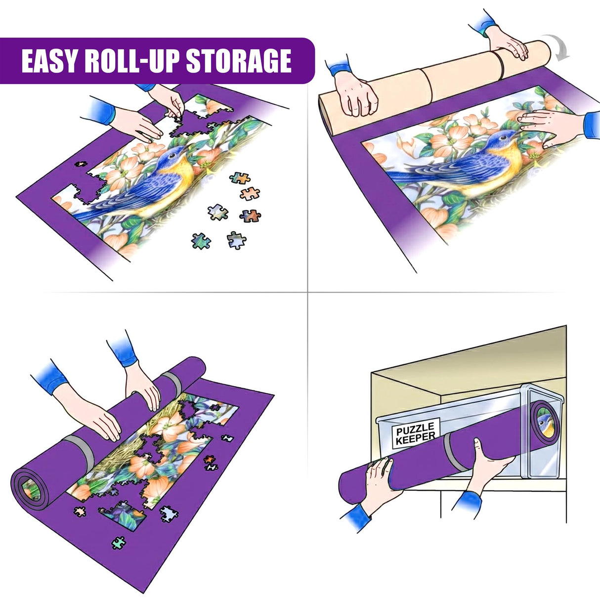 A person rolls up a large patterned mat, leaving scattered puzzle pieces on the surface.

Hands display a large rolled mat, revealing a detailed, colorful jigsaw puzzle image.

A rolled mat is placed into a storage container labeled for puzzle keeping.