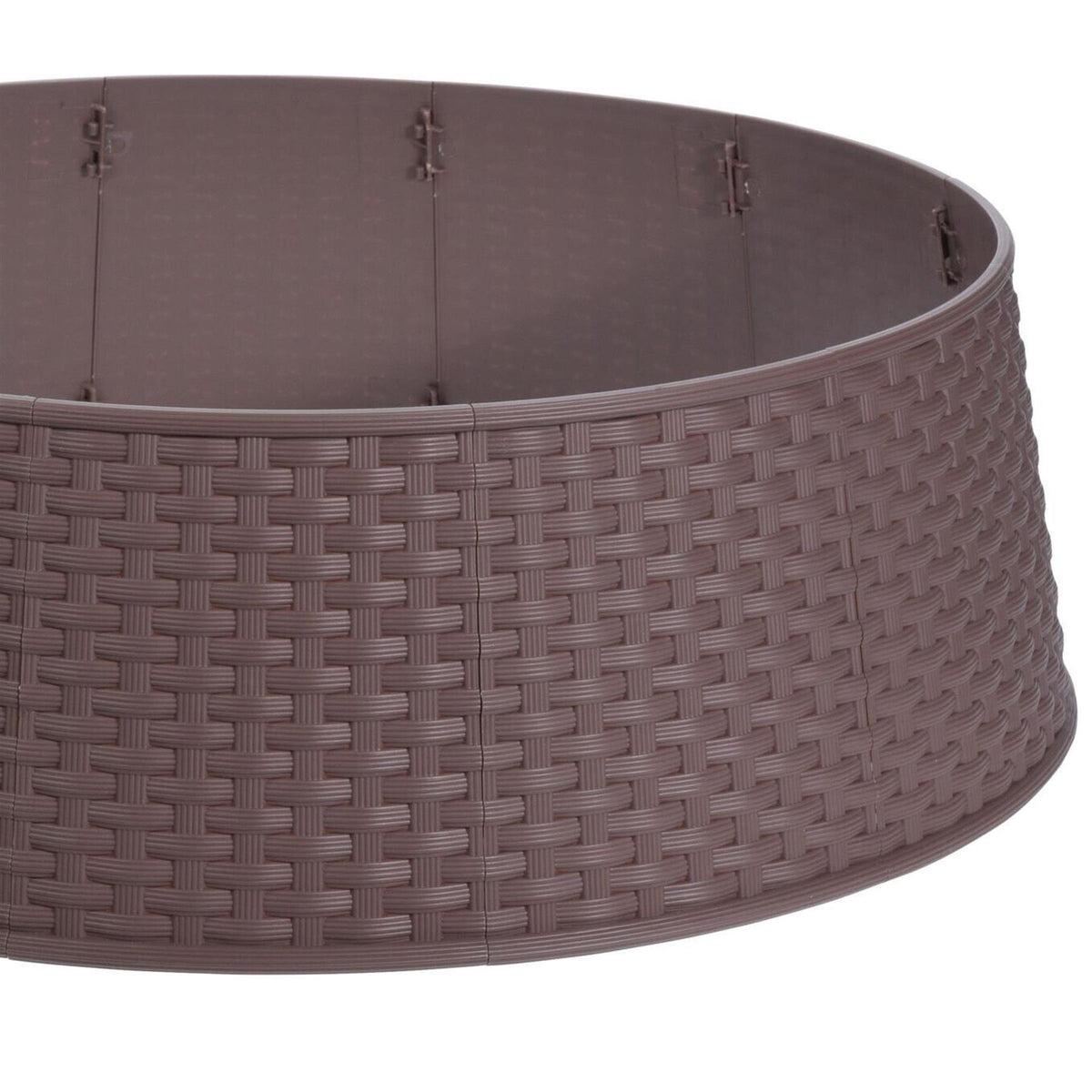 Brown Christmas tree skirt with a basket weave pattern and snap-together panels