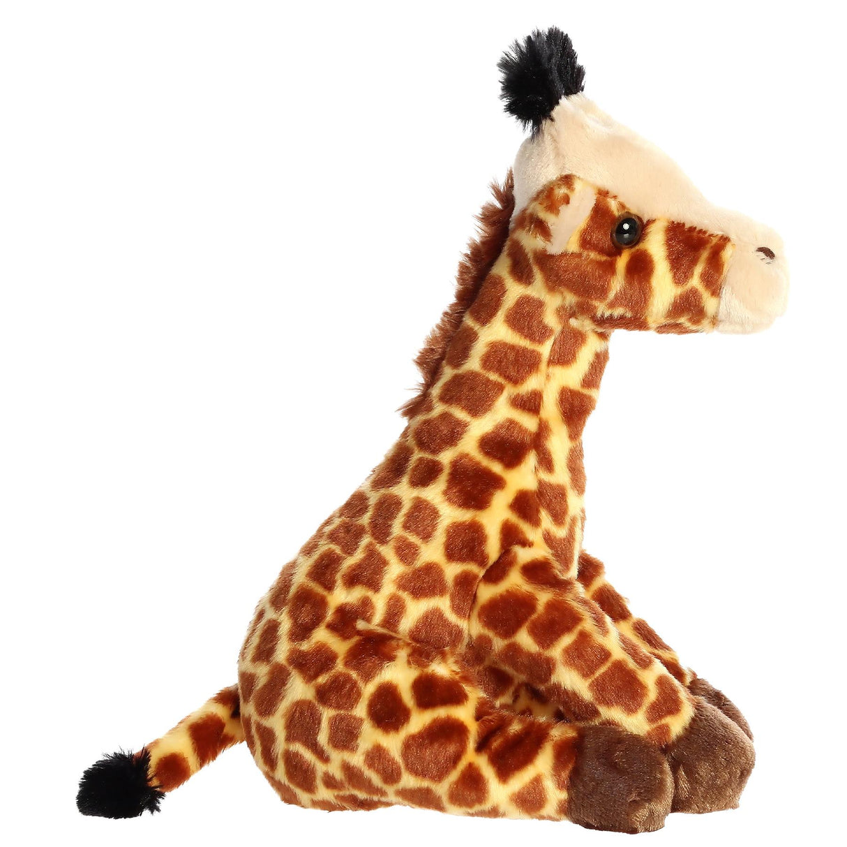 Brown spotted plush giraffe toy with black mane, posed in a seated position.