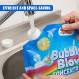 Hand dispenses clear bubble solution from a blue plastic pouch into a metal kitchen sink faucet.