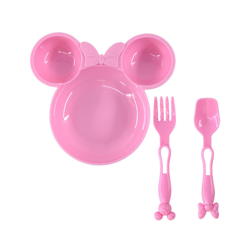 Pink doll feeding set with plate, two side bowls, small fork, and matching spoon.