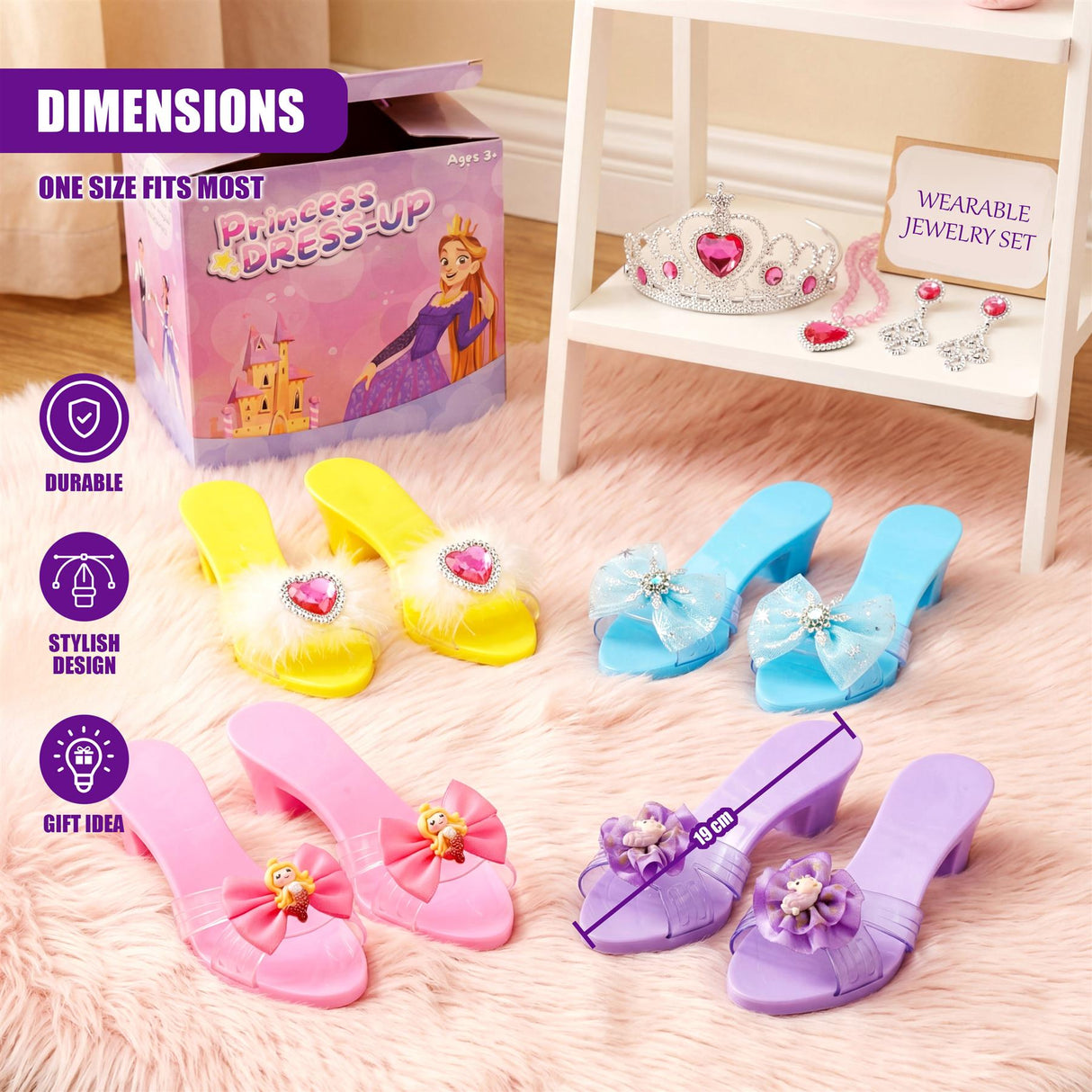 Several colorful pairs of princess play shoes are arranged near a pink box and jewelry set.