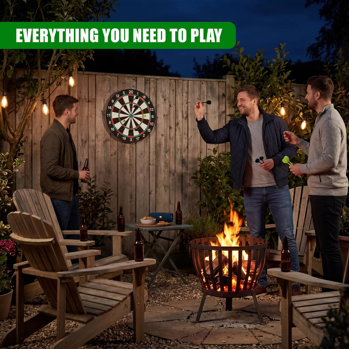 Double-sided dartboard mounted on a wooden wall with players standing nearby for a game.