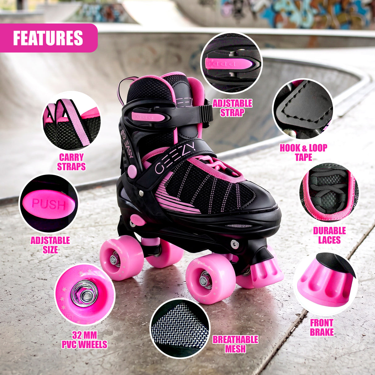 Black & Pink Kids Adjustable Roller Skates