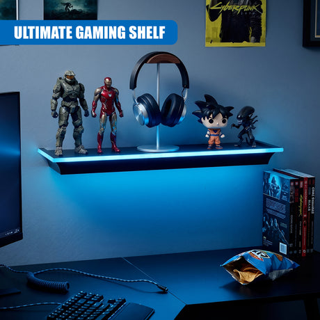 Black floating shelf with blue LED lights holding action figures and headphones on a desk