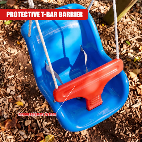 Blue toddler swing seat with red protective T-bar barrier and white ropes, set on wood chips
