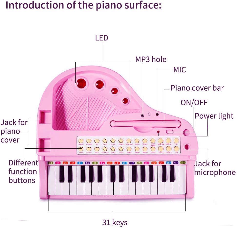 Pink Electronic Piano With Microphone and Stool by The Magic Toy Shop - UKBuyZone