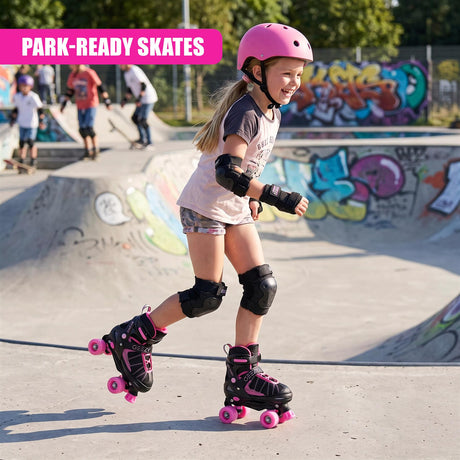 A smiling girl wearing a pink helmet and protective gear skates on quad roller skates at a skate park