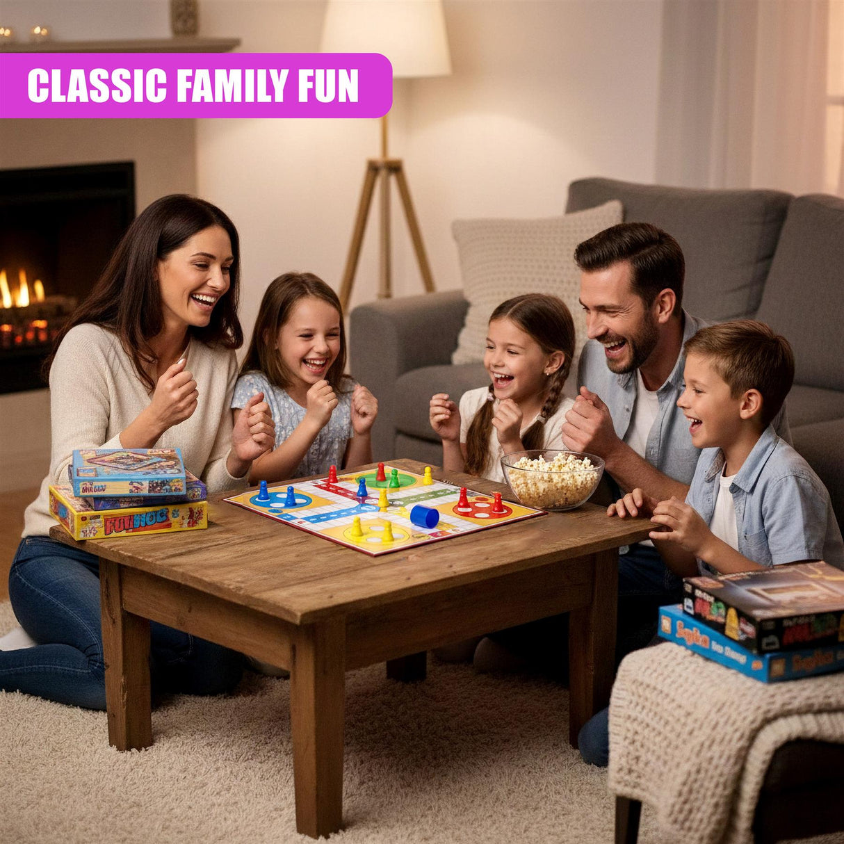 Family playing Ludo board game with pieces on a wooden coffee table.