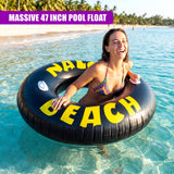 Three durable, inflatable tire-shaped rings designed for pool or backyard play.