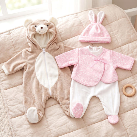 Bear onesie, pink outfit, and matching bunny hat are laid out on a light blanket.