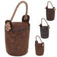 A dark brown, faux leather handle bucket with a rope and metal accent detail. The bucket features a rope carrying strap and an additional rope loop on its side for hanging. - UKBuyZone