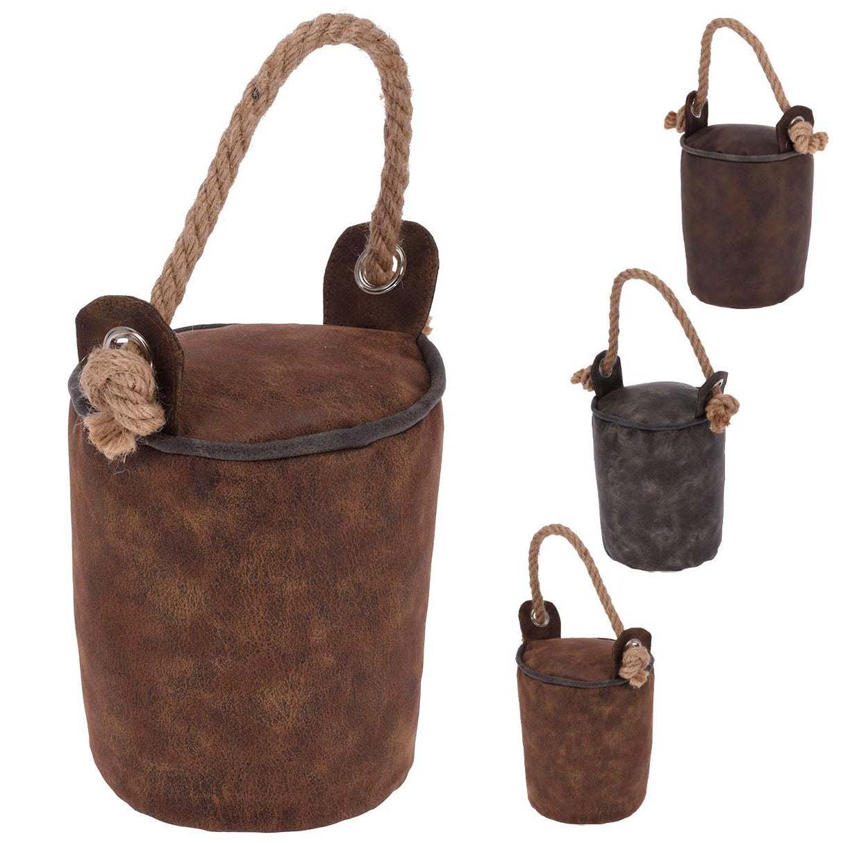 A dark brown, faux leather handle bucket with a rope and metal accent detail. The bucket features a rope carrying strap and an additional rope loop on its side for hanging. - UKBuyZone