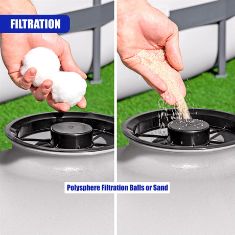 A person adds white filtration balls and streams of sand into the visible filter system.