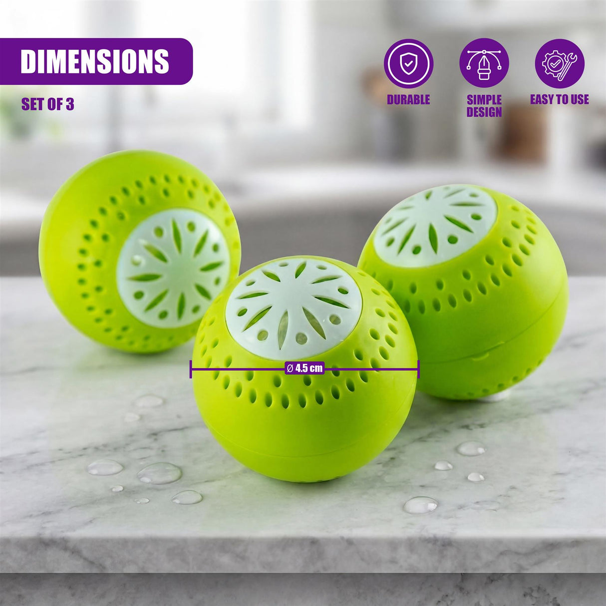 Set of three bright green, spherical deodorizer balls with perforated surfaces.