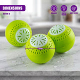 Set of three bright green, spherical deodorizer balls with perforated surfaces.