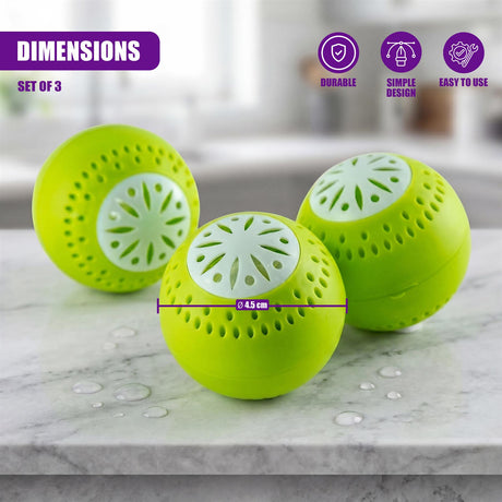 Set of three bright green, spherical deodorizer balls with perforated surfaces.