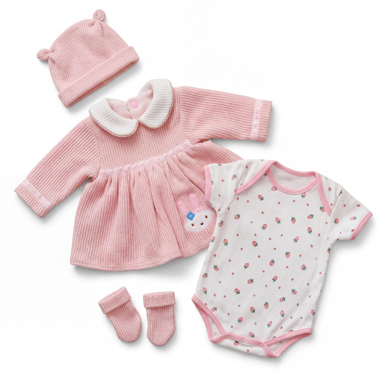 Pink doll outfit set including a hat, cardigan, skirt, floral bodysuit, and pair of matching socks.