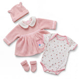 Pink doll outfit set including a hat, cardigan, skirt, floral bodysuit, and pair of matching socks.