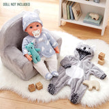 Gray bear and koala animal prints clothing set displayed with small plush toys.