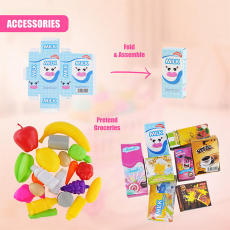 "3D Pink Shopping Trolley Toy with Shopping Bags and Fake Grocery Items" - UKBuyZone