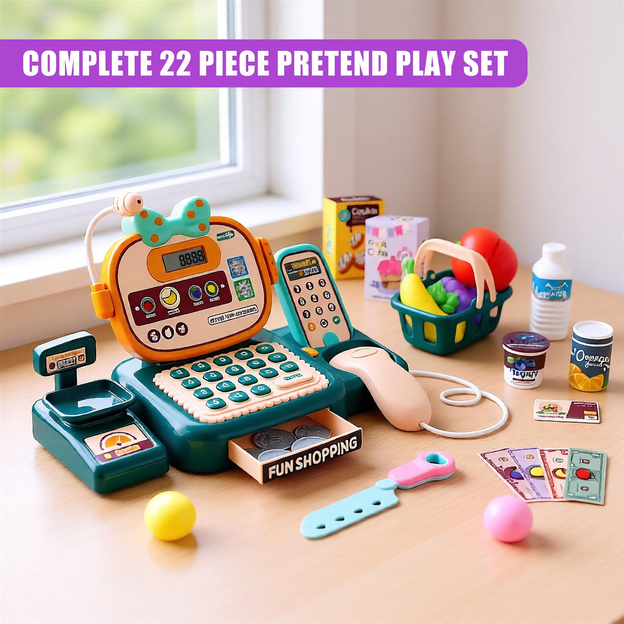 A playset featuring a toy cash register, a toy shopping cart, and a toy play food set, all on a wooden table in front of a window with a view of greenery outside. - UKBuyZone
