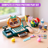 A playset featuring a toy cash register, a toy shopping cart, and a toy play food set, all on a wooden table in front of a window with a view of greenery outside. - UKBuyZone