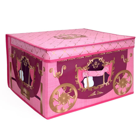 A pink and purple foldable storage box shaped like a princess carriage with gold wheels and window frames
