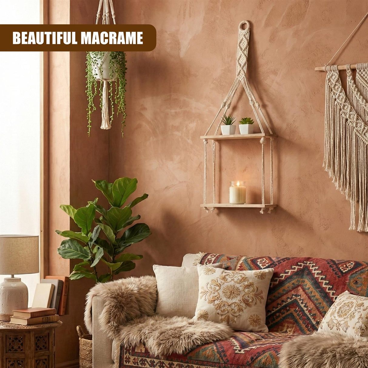 2 Tier Macrame Hanging Wall Shelf