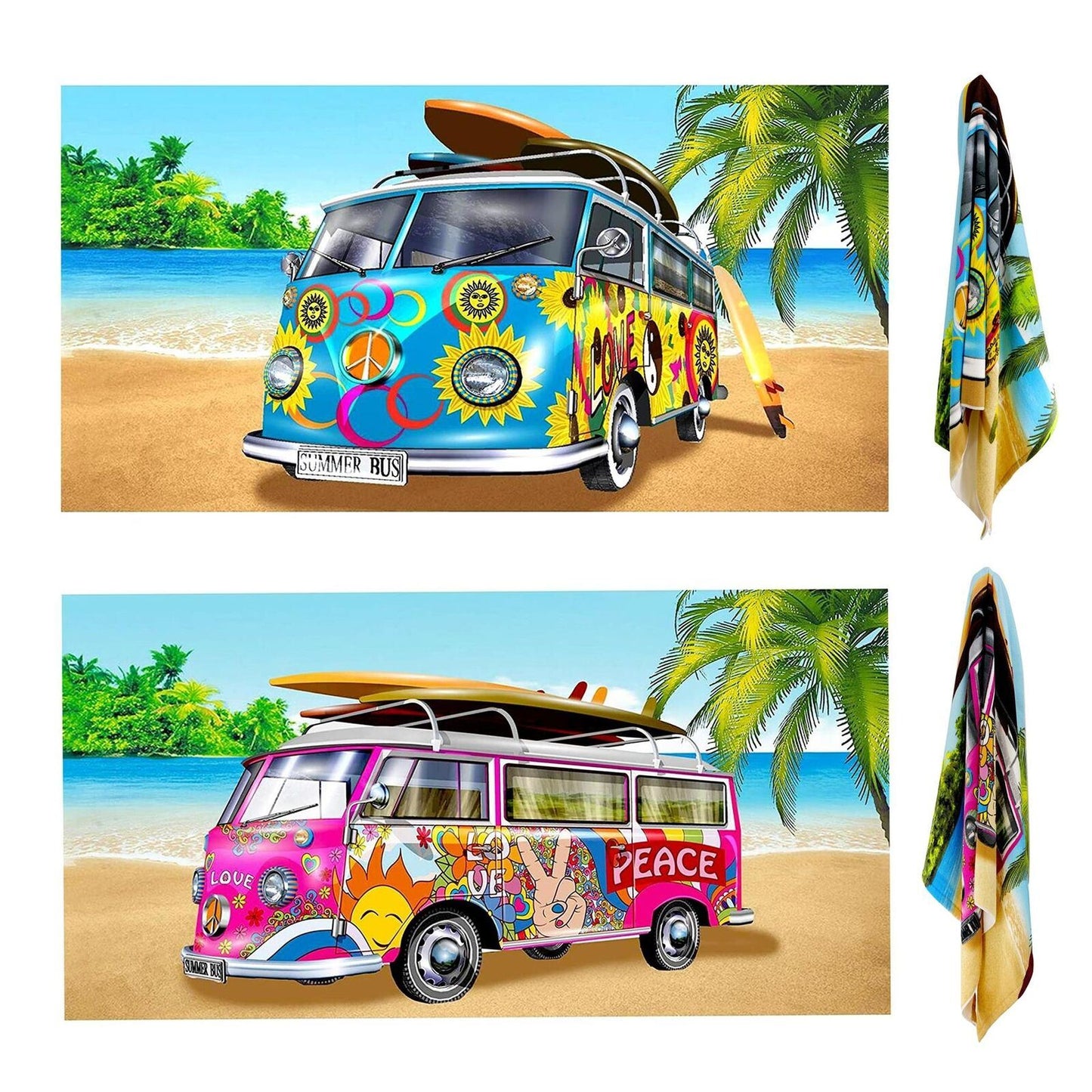 Pink & Blue Summer Bus Design Large Towel Set by Geezy - UKBuyZone
