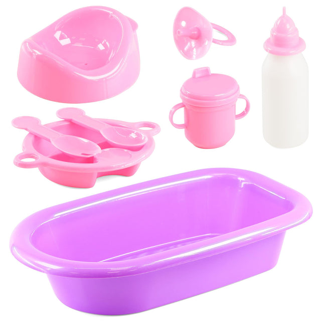 Plastic doll baby set includes tub, basin, cup, and spoon.