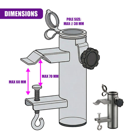 Diagram illustrating the metal pole clamp and its mounting brackets with various dimension measurements.