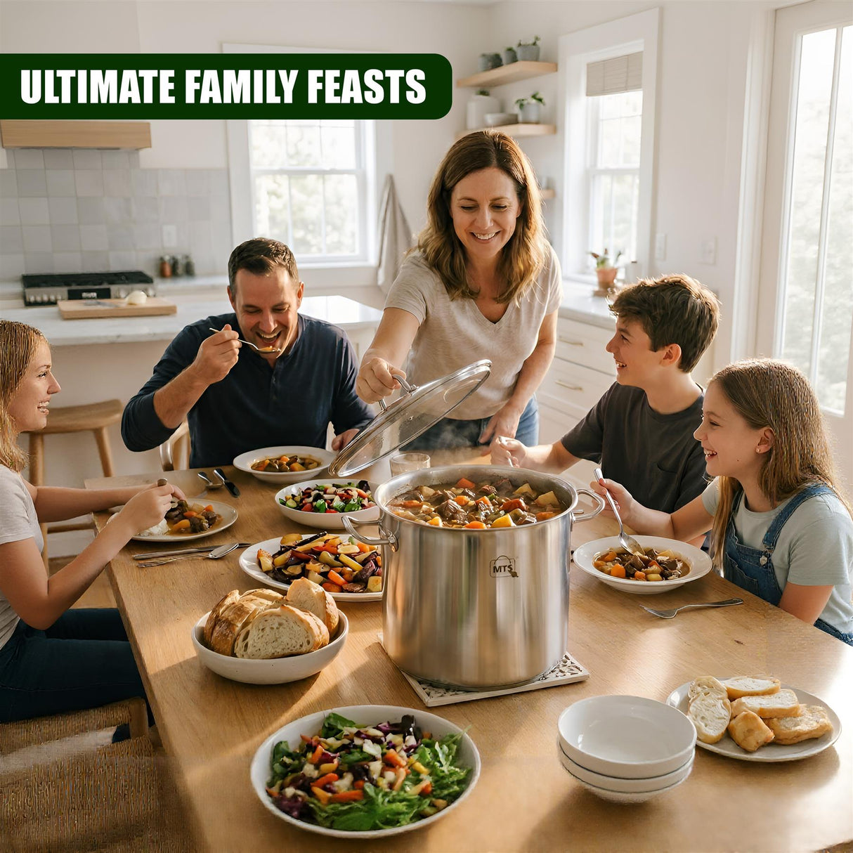 Family gathered around a table featuring a large stainless steel stockpot and various cooked meals.