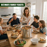 Family gathered around a table featuring a large stainless steel stockpot and various cooked meals.