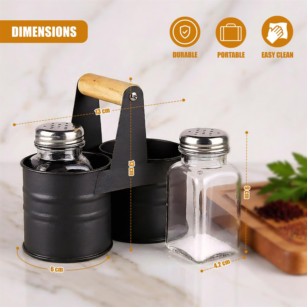 A black metal salt and pepper holder with a wooden handle, featuring two glass containers with metal lids, and a small metal cup for oil or vinegar. - UKBuyZone