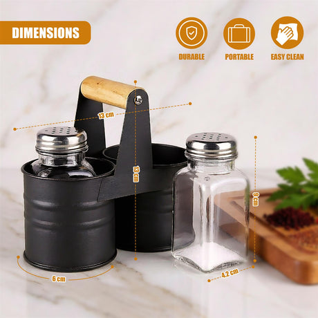 A black metal salt and pepper holder with a wooden handle, featuring two glass containers with metal lids, and a small metal cup for oil or vinegar. - UKBuyZone