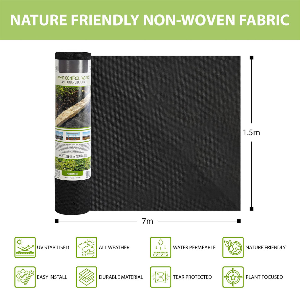 Geezy Non-Woven Weed Control Fabric, 1.5 x 7m, protects plants from weeds, ideal for gardens and flower beds. ukbuyzone.