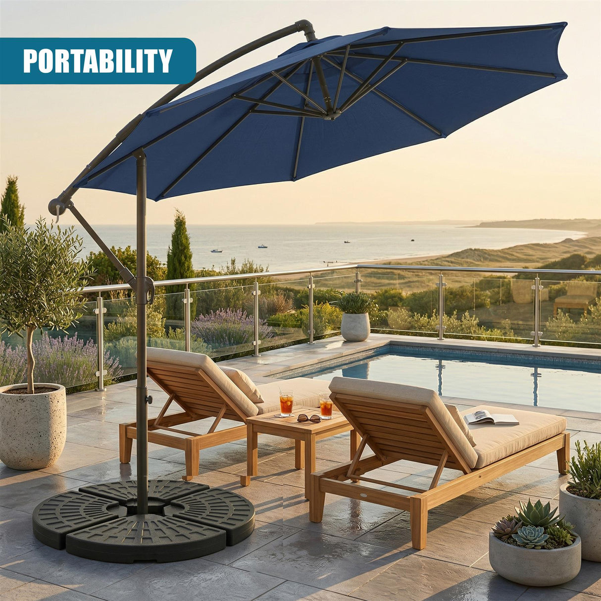 A blue cantilever parasol with a large round base shades lounge chairs near an outdoor pool.