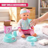 A baby doll sits among blue accessories, a pacifier, and a question mark box.