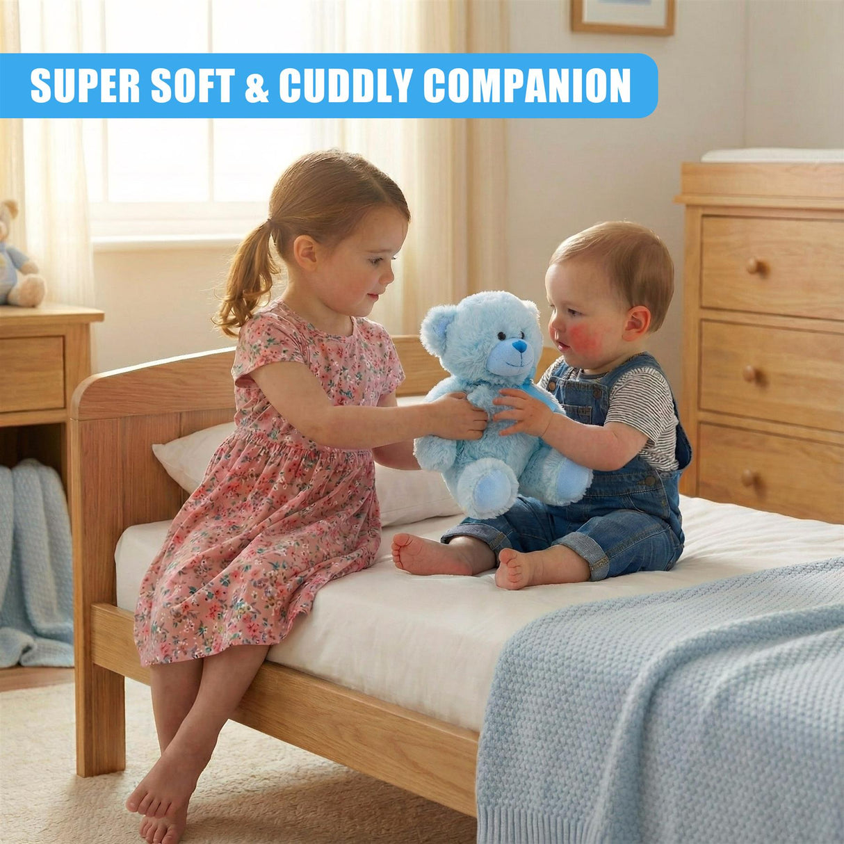 A soft, cuddly teddy bear with a blue, fluffy coat and a sweet, smiling face. - UKBuyZone