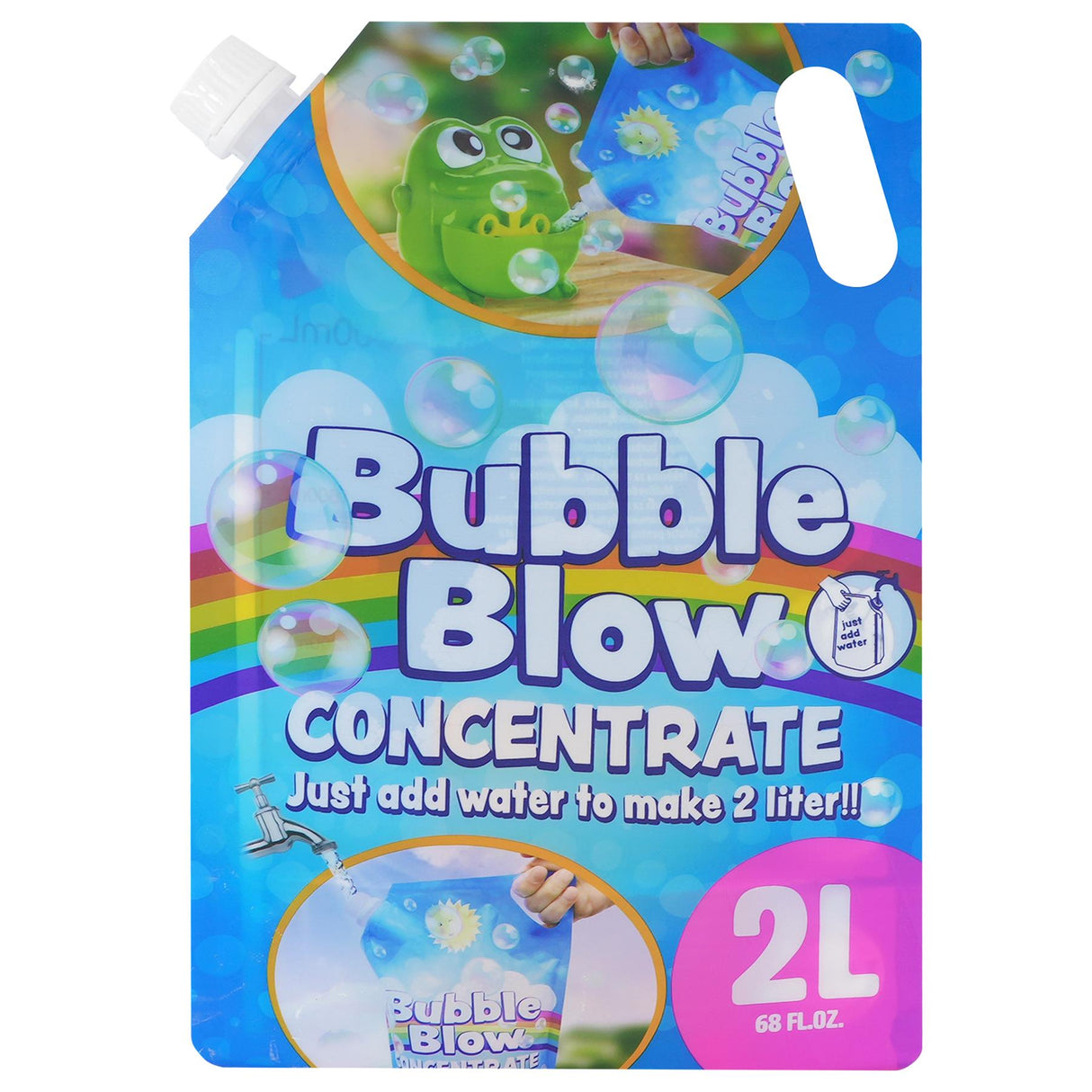 A blue package with a white label, featuring bubble liquid concentrate in a container of 80 ml size, intended for bubble blowing, and a colorful background. - UKBuyZone