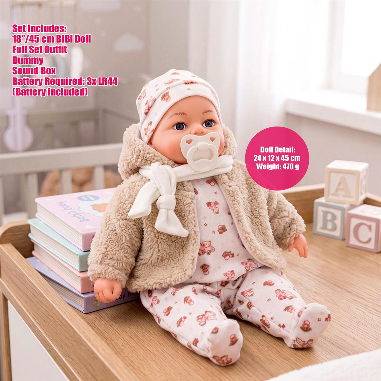 18" Bibi Girl Doll In Beige Coat