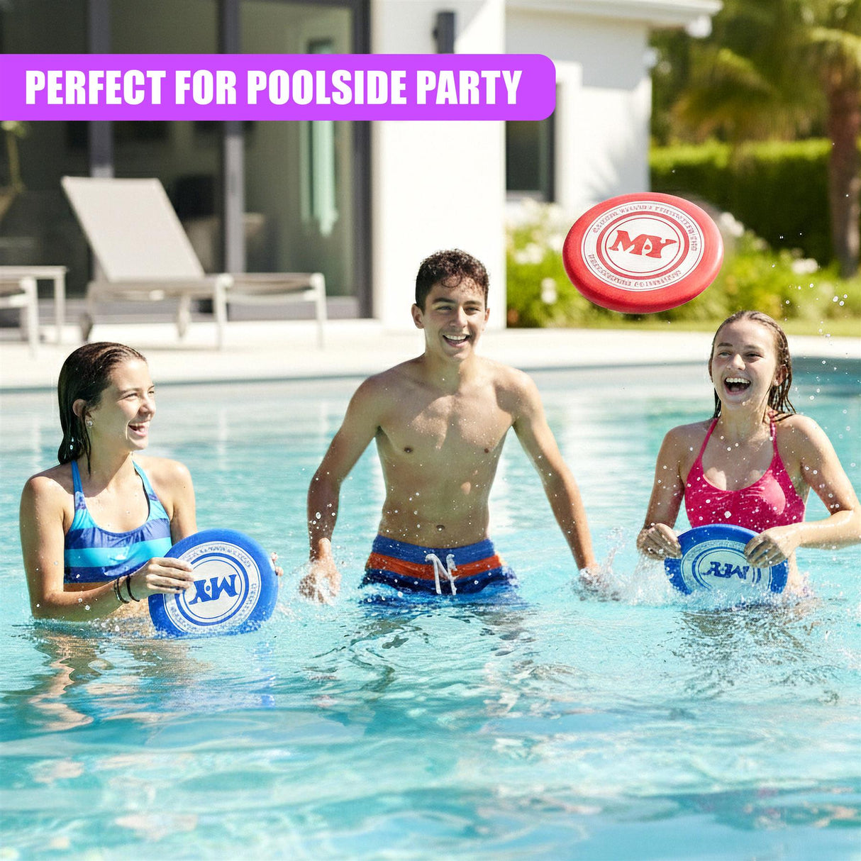 Three people smiling in a pool playing with brightly colored frisbees.
