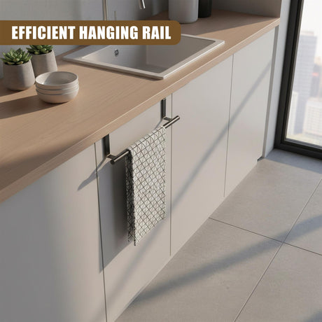 Metal towel rail installed on kitchen cabinetry, holding a patterned gray textile towel.