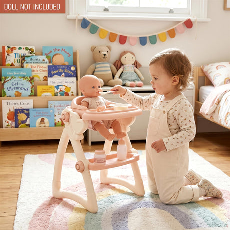 Child interacts with pink doll high chair and accessories, feeding a doll seated on the chair.