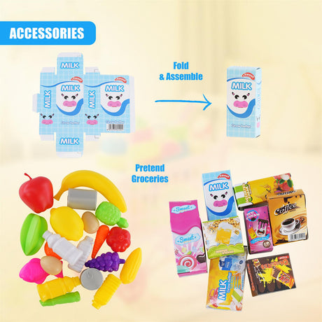 "A set of play food with a blue cart, including milk and grocery items, for children to engage in imaginative play." - UKBuyZone